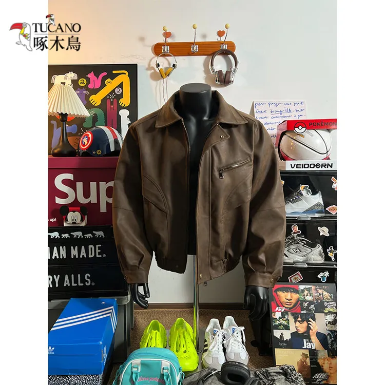 啄木鸟2025年秋冬季新款男装休闲PU皮衣外套2025秋冬季新款时尚翻