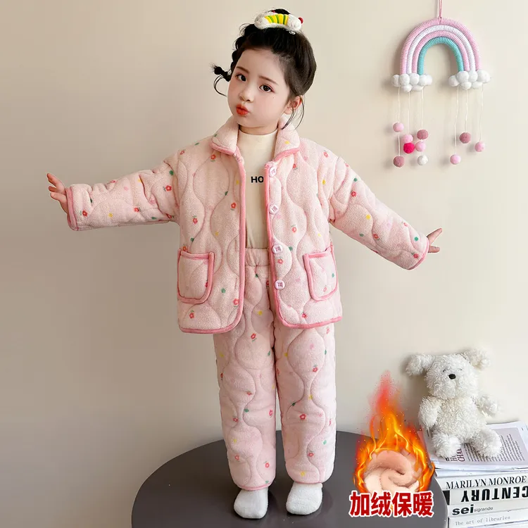 女童珊瑚绒冬季加绒加厚三层夹棉睡衣套装宝宝法兰绒家居服可外穿