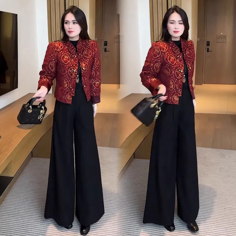 新中式国风夹棉短外套女2025秋冬新款洋气复古盘扣提花保暖上衣潮