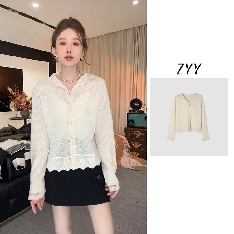 ZYY【淡人度假】2025/S新品早秋蕾丝拼接针织开衫帽衫女X25QZZ03346