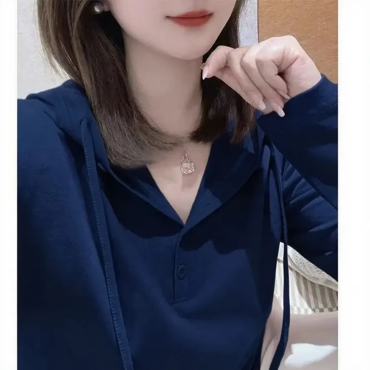 简约小众休闲连帽长袖T恤女春秋新款百搭洋气舒适显瘦深蓝色上衣