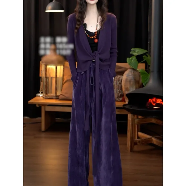时尚休闲显瘦紫色裤套装女2025冬季新款绑带纯色针织开衫+阔腿裤
