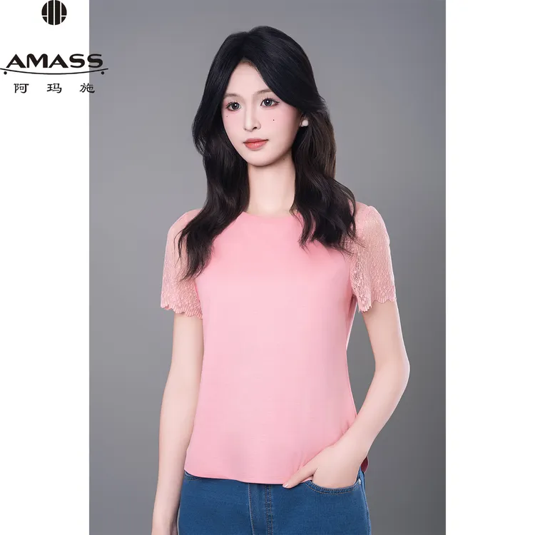 AMASS/阿玛施时尚百搭夏季纯色圆领气质简约蕾丝短袖T恤女5301053