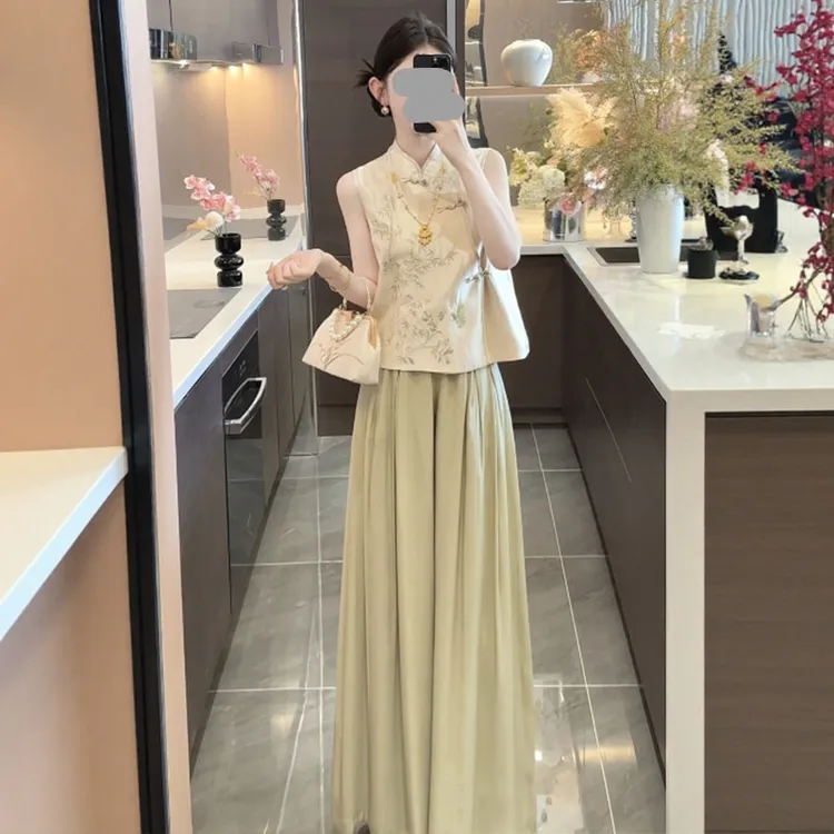 新中式国风套装女立领盘扣刺绣上衣一整套ootd穿搭新款显瘦休闲裤