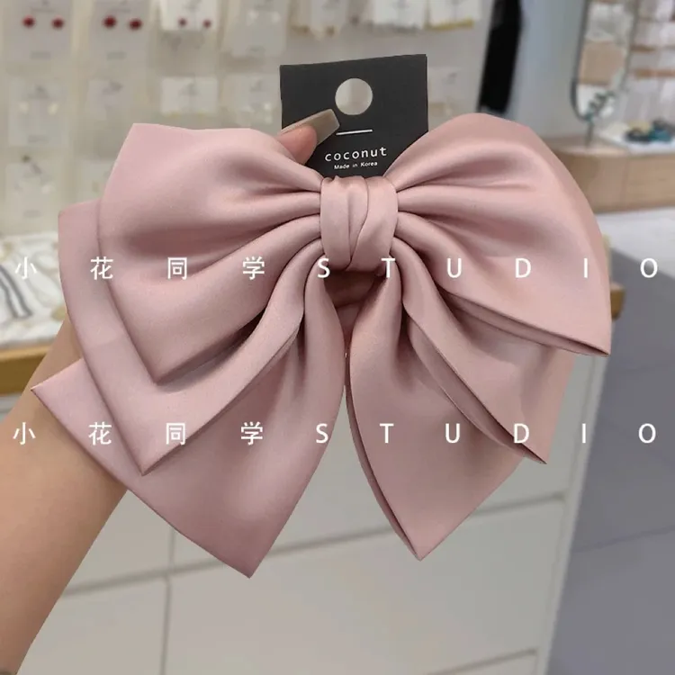 韩国发饰2025新款高级感精致粉色黑色缎面三层蝴蝶结发夹弹簧夹