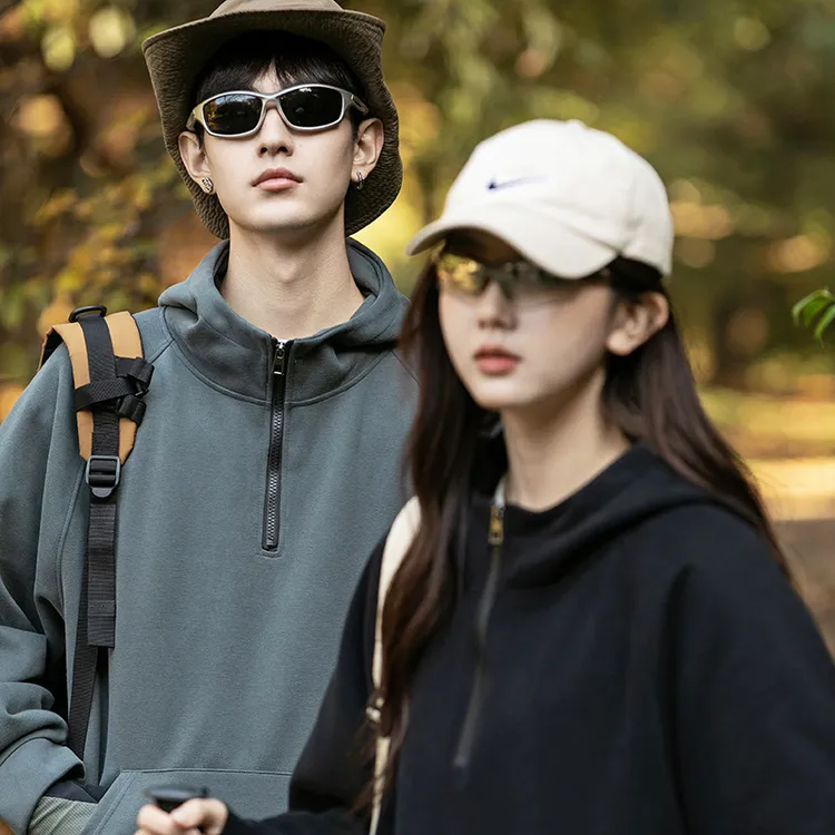 鲲海鹏云男装春秋季新款户外半拉链连帽卫衣加绒美式潮牌外套