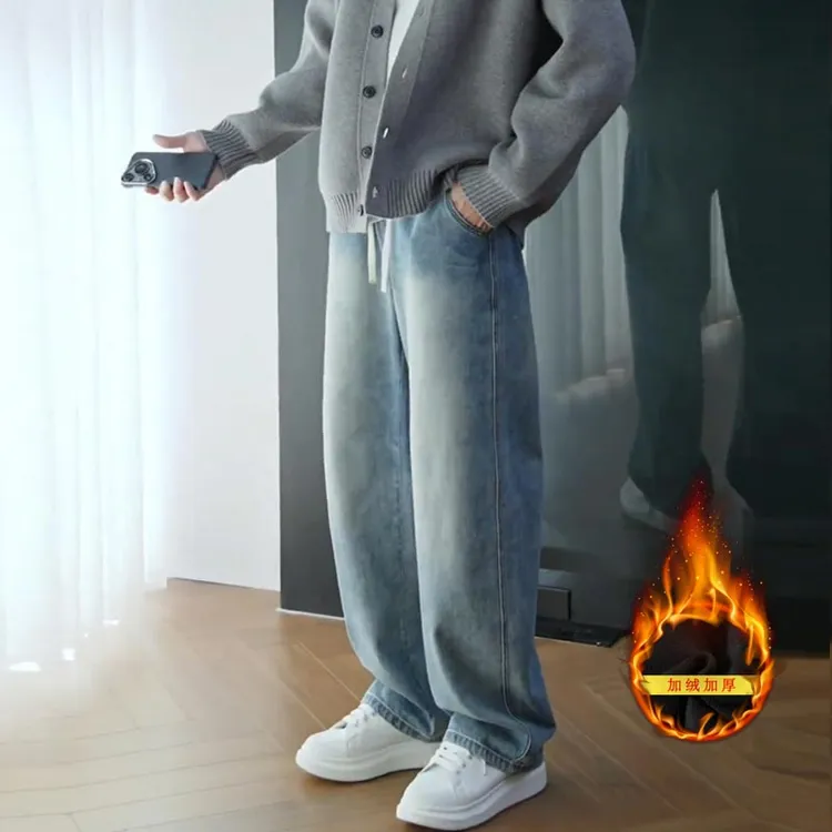 秋冬加绒牛仔裤男女款休闲百搭宽松浅色复古垂感直筒裤男美式爆款商品图