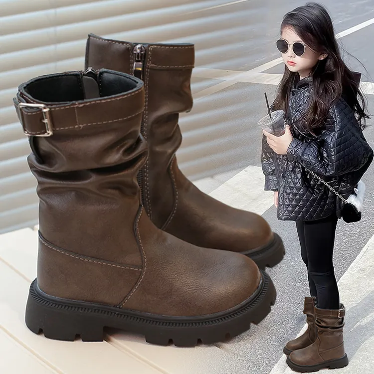 ABC女童靴子2025秋冬新款复古小女孩中筒靴公主骑士靴儿童马丁靴