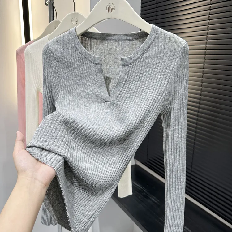 高级感修身百搭气质V领长袖小衫休闲时尚韩版正肩毛衣T恤洋气内搭