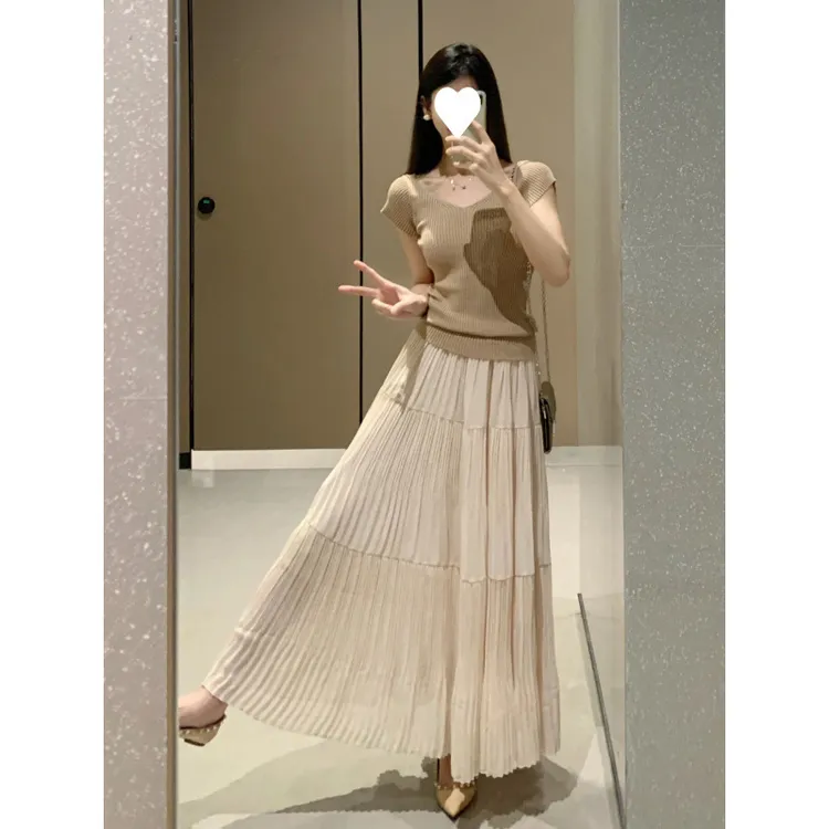 现货针织短袖温柔垂感压褶长款宽松仙女古早风女半身裙套装