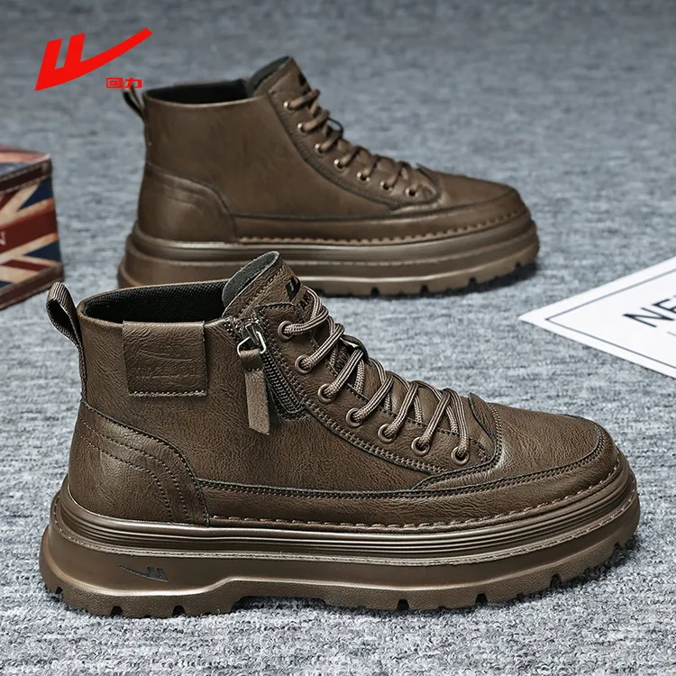 回力男鞋冬季新款运动休闲马丁靴子复古厚底防滑防水工装高帮皮靴