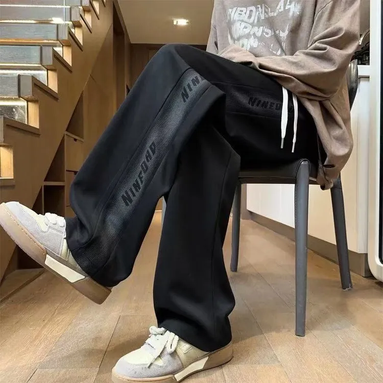 青少年运动休闲卫裤男士2025夏季新款直筒阔腿学院风宽松透气长裤