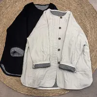 100%亚麻夹棉绗线夹棉内里格纹棉服外套早冬女士宽松外套