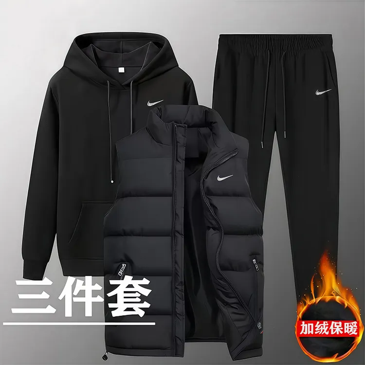 耐┃克秋冬季男士套装加绒加厚韩版时尚休闲运动卫衣马甲三件套男