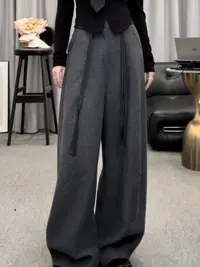 D5923慵懒风高腰软糯毛呢弯刀裤女士秋冬新款垂感百搭气球阔腿裤