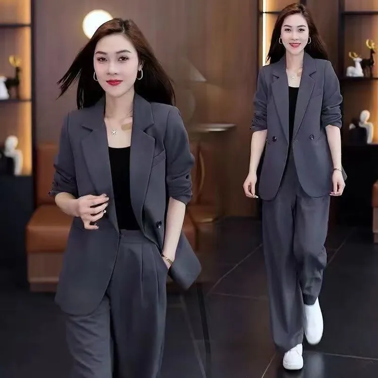 大码女装西装套装春秋季胖妹妹宽松显瘦休闲西服外套阔腿裤两件套