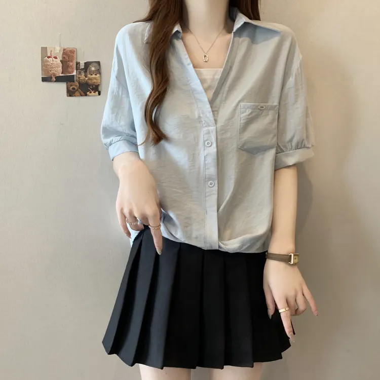 大码女装遮肚子POLO领假两件短袖衬衫女夏季胖mm宽松显瘦短款上衣