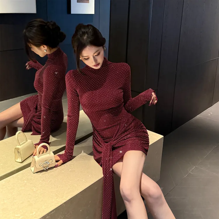 instahot 性感烫钻红色长袖秋冬内搭连衣裙绑带设计感收腰包臀裙