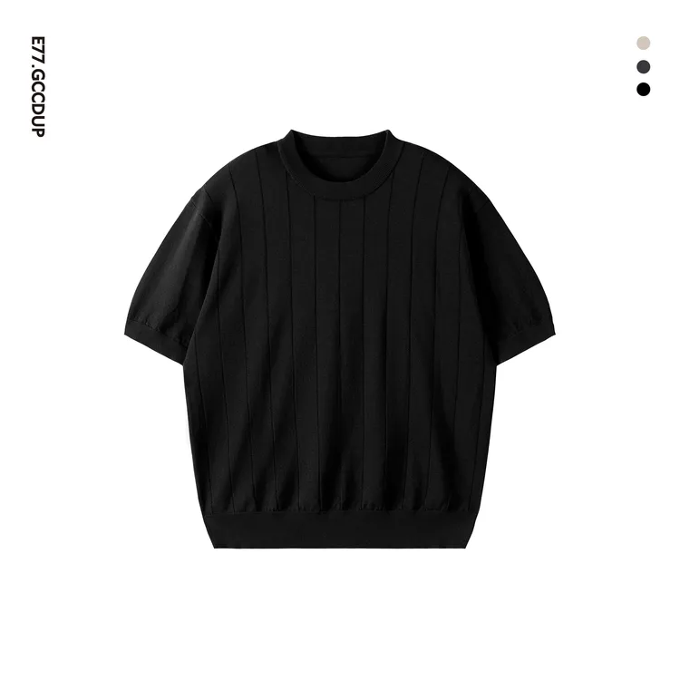 夏季针织宽松时尚短袖透气休闲百搭简约男女同款设计圆领T恤8013