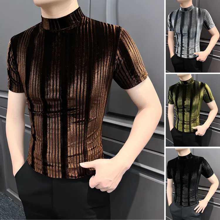 金丝绒半高领短袖男款t恤高级感网红洋气炸街男装条纹男士打底衫