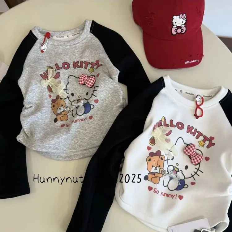 女童立体蝴蝶结长袖T恤2025秋季新款撞色百搭时尚打底衫拼色外穿