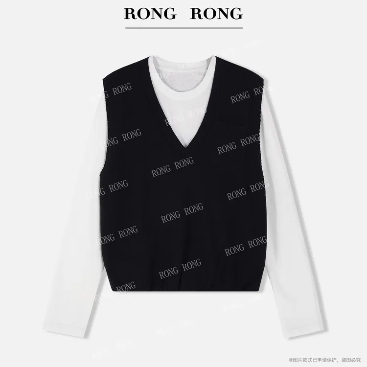 溶溶【松弛范本】RONGRONG 绵羊毛混纺拼接叠穿假两件上衣25C271