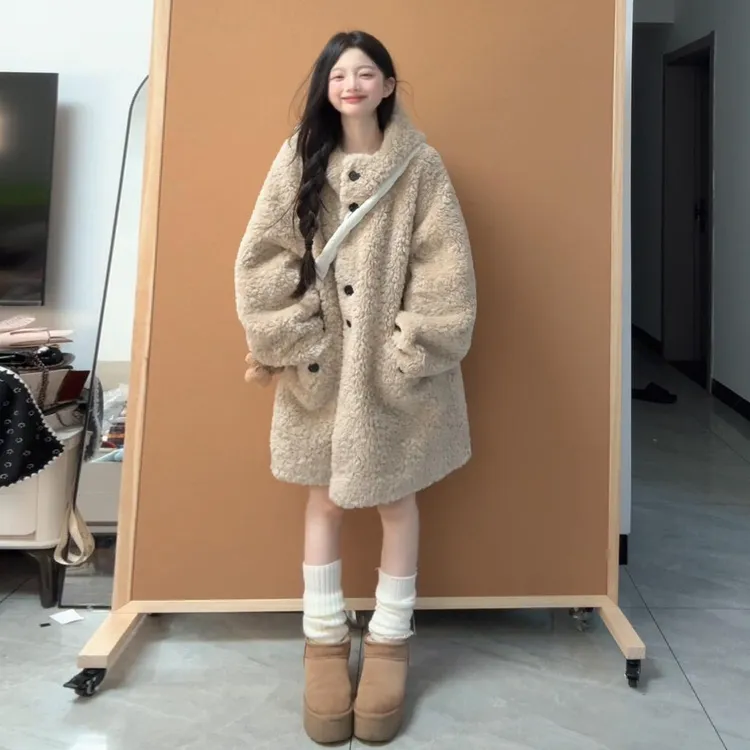 2026新款韩系慵懒风连帽仿羊羔毛绒外套女秋冬爆款中长款加厚大衣