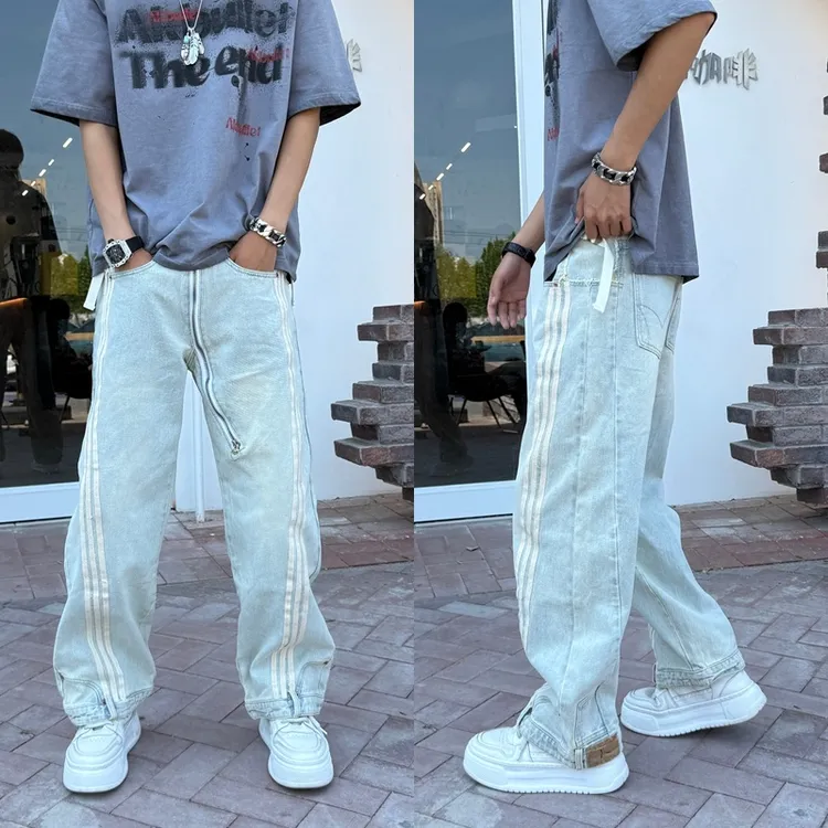 2025美式复古水洗牛仔裤男潮牌小众设计感三条杆宽松直筒裤秋季款