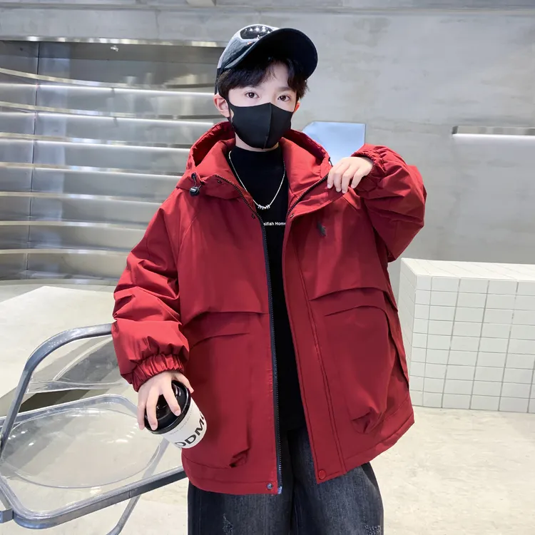 男童秋冬款外套加绒加厚2025新款中大童冬装儿童冬季红色派克服潮