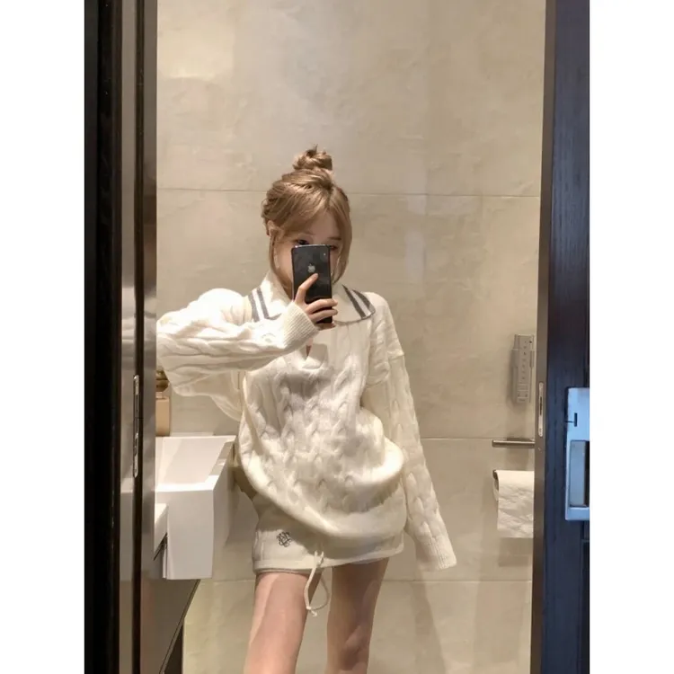 温柔风套装麻花白色刺绣翻领毛衣针织衫女秋季休闲直筒裤裙两件套