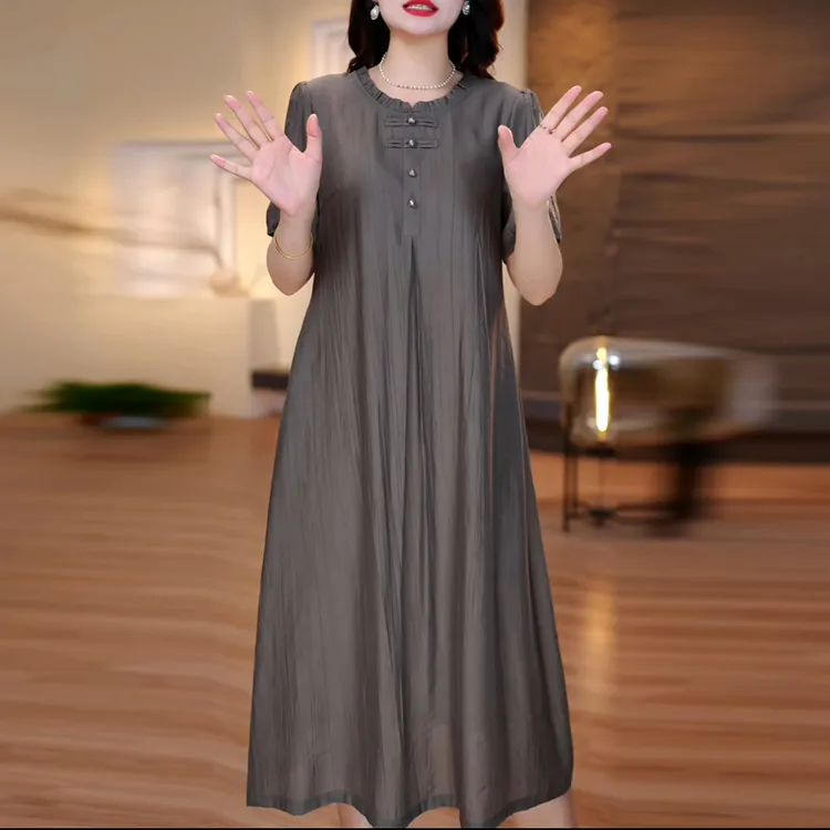 冰丝绉连衣裙2025夏季新款大码女装新中式气质显瘦遮肚子洋气裙子