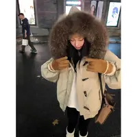 韩版牛角扣连帽棉服女冬新款宽松加厚设计感大毛领派克面包服外套
