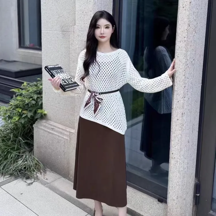 2025早秋新款爆款网红吊带收腰慵懒风时尚洋气镂空遮肉显瘦两件套