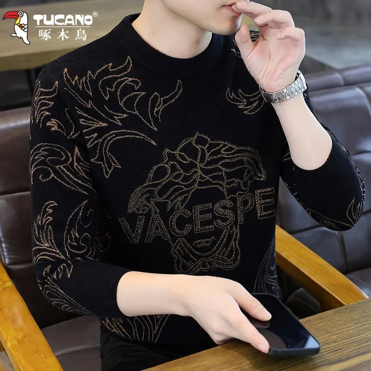 啄木鸟高档天鹅绒男士毛衣冬季新款潮流帅气毛线衣保暖打底针织衫