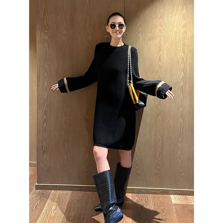 AME  织带连衣裙  手工坊系列绵羊毛年度氛围毛衣裙ZD11SMHJ357