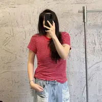 《夏季清仓福利》红条条T恤大码女装显瘦百搭条纹圆领时尚休闲舒适