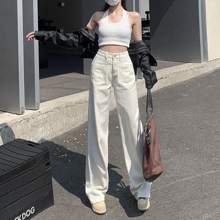 米白色高腰窄版阔腿牛仔裤女2025夏季新款直筒垂感拖地长裤子薄款