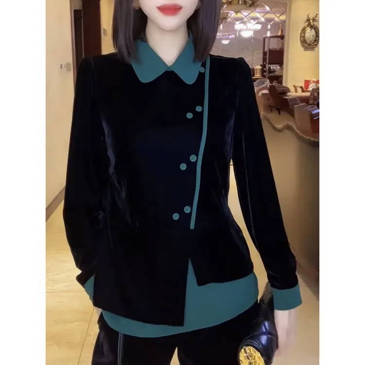 时尚洋气衬衫2024大码新款拼接丝绒设计气质长袖金丝绒上衣