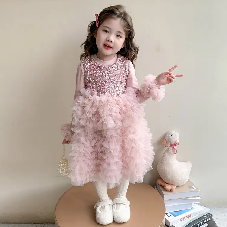 女童亮片蛋糕裙套装秋冬新款公主裙洋气时髦连衣裙生日加绒公主裙