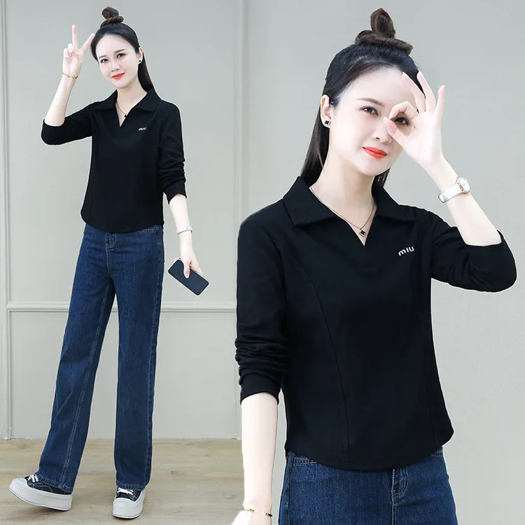 女士纯棉长袖t恤春秋季2025新款大码宽松休闲Polo领薄款上衣打底