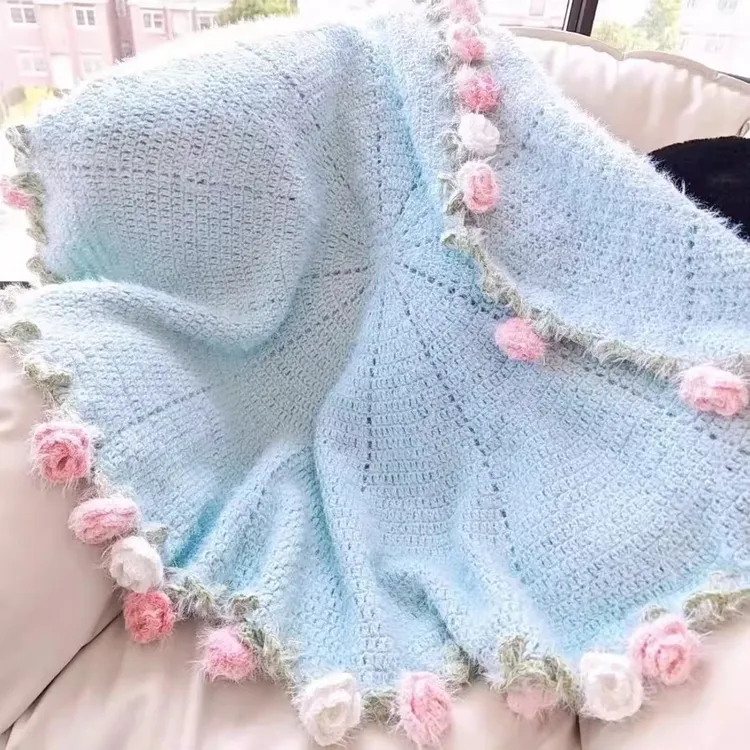 松鼠绒渐变编织花束全套玫瑰毛线团毯子送女友diy纯手工（有教程）