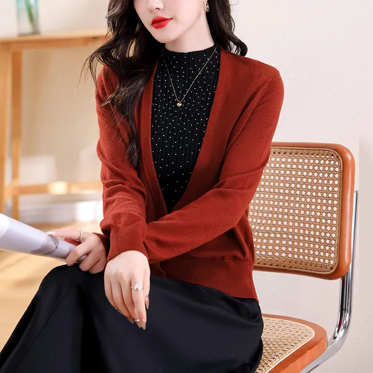 波点假两件半高领针织衫女春季新款妈妈内搭时尚洋气打底毛衣上衣