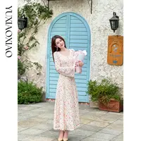 余潇潇【梦境花神】时尚浪漫拼蕾丝花边花卉印花长袖收腰连衣裙