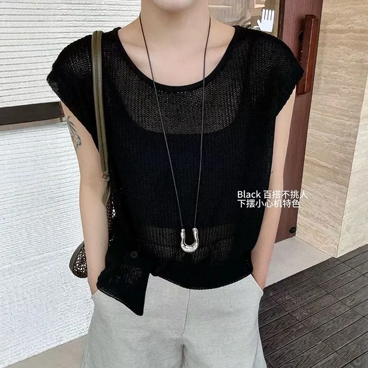 女无袖透气纯色夏季圆领毛针织衫打底衫嬉皮部落风