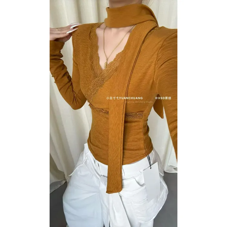 2025秋冬磨毛绒新款韩版系带交叉V领修身显瘦垫肩内搭女打底衫