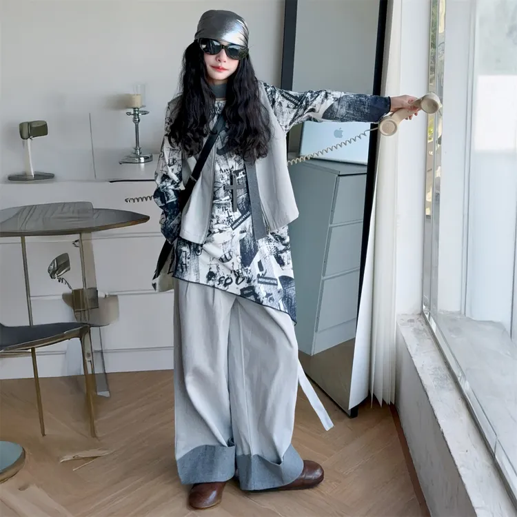 女童套装2025新款中大童洋气时髦马甲阔腿3件套扎染卫衣女孩秋装9