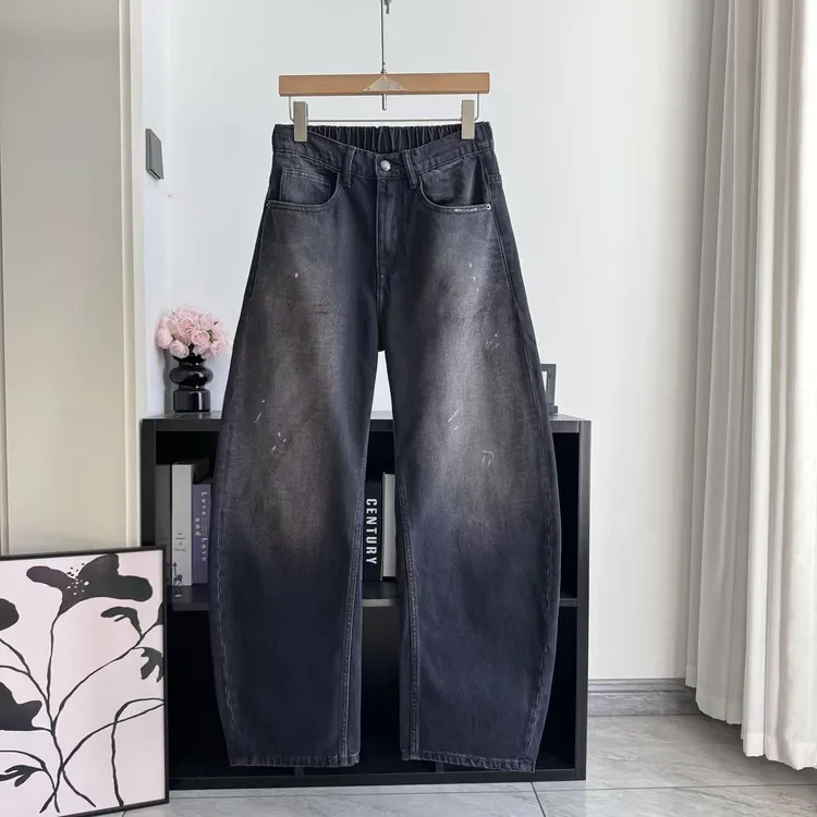 2025秋冬季新款男士黑灰泼墨中高腰牛仔弯刀裤时尚痞帅潮流9850B