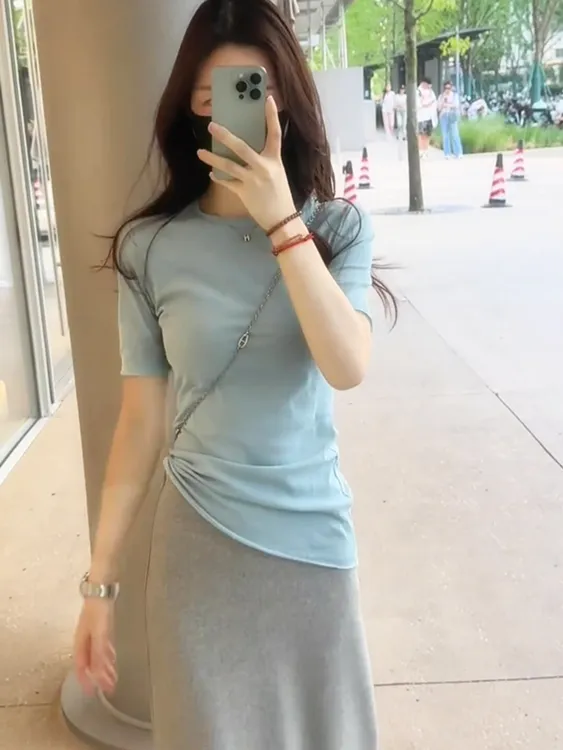 雪花棉短袖t恤女夏季显瘦韩系修身圆领薄款微透正肩上衣百搭小衫