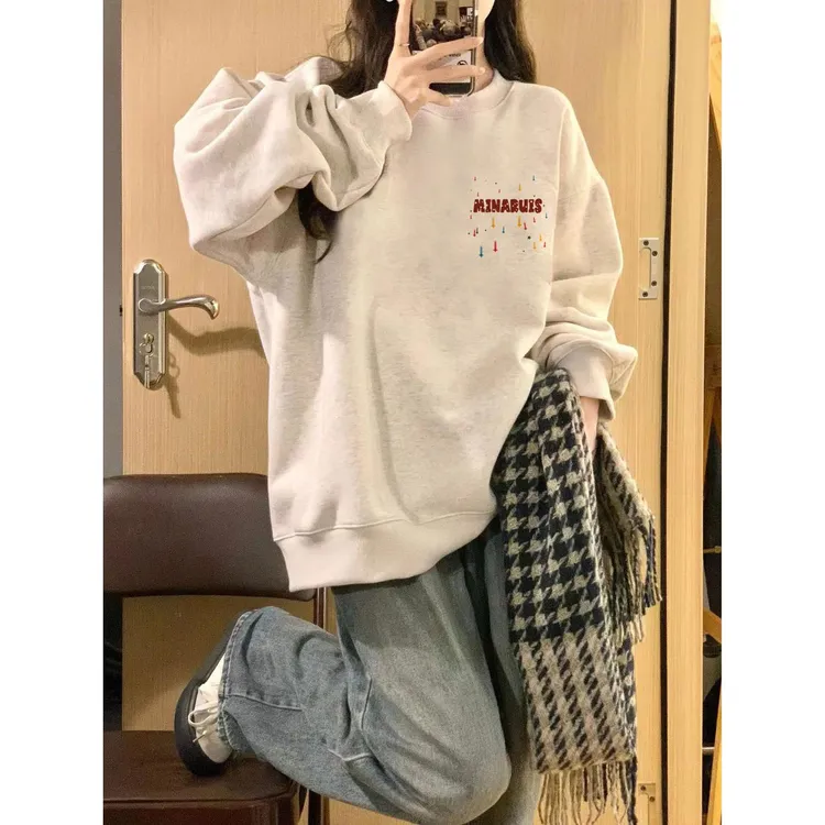 白灰色美式复古加绒加厚卫衣女士2025新款秋冬宽松慵懒风无帽上衣