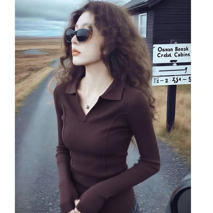 法式复古咖色polo衫针织打底衫女秋冬高级感内搭毛衣气质长袖上衣